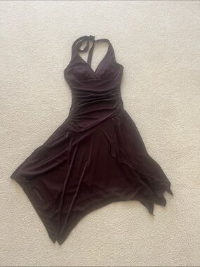 Speechless Elegant Halter Handkerchief Hem Dress in Deep Plum/Brown
